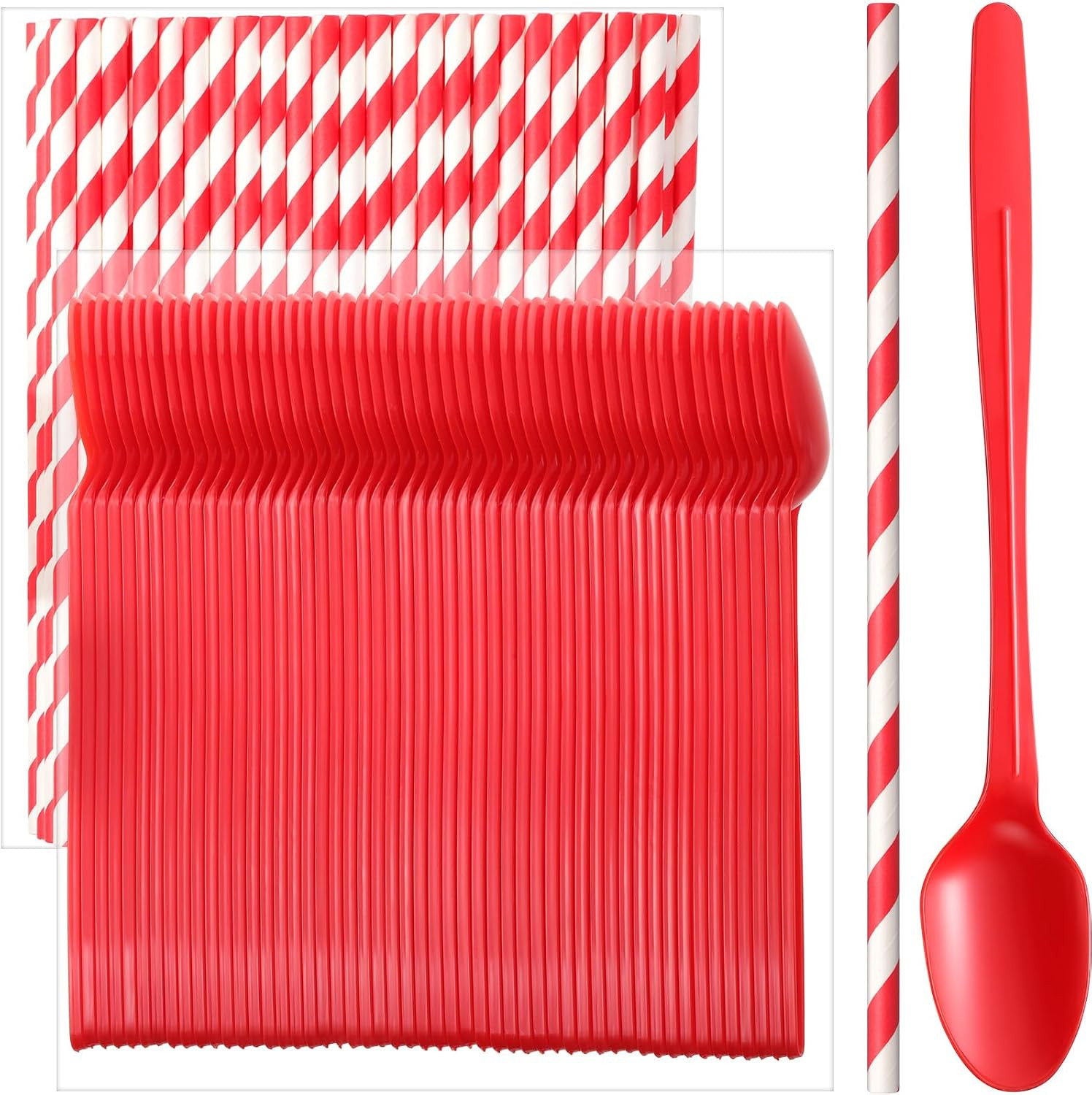 100 Sets/200 Pcs 8.27 Inch Sundae Spoons and Red Paper Straws Heavy
