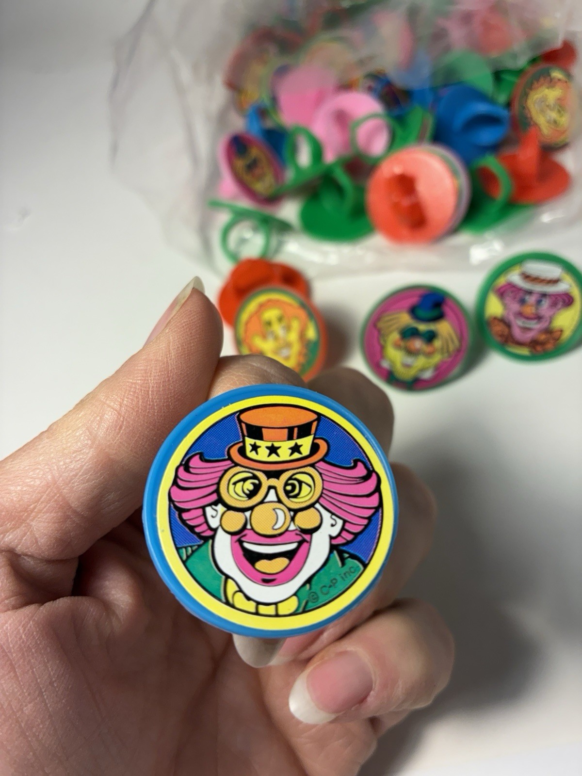 Lot 50 Vtg Clown Party Favor Rings 70s/80s Groovy Retro Pop Cupcake Toppers