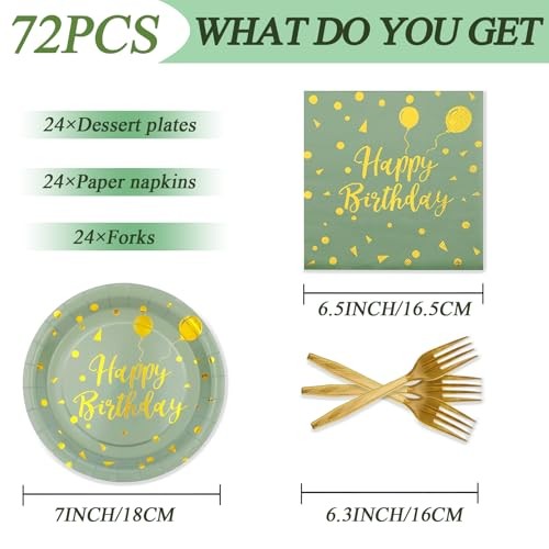 72PCS Happy Birthday Paper Plates – and Gold Tableware Set Include Sage Green