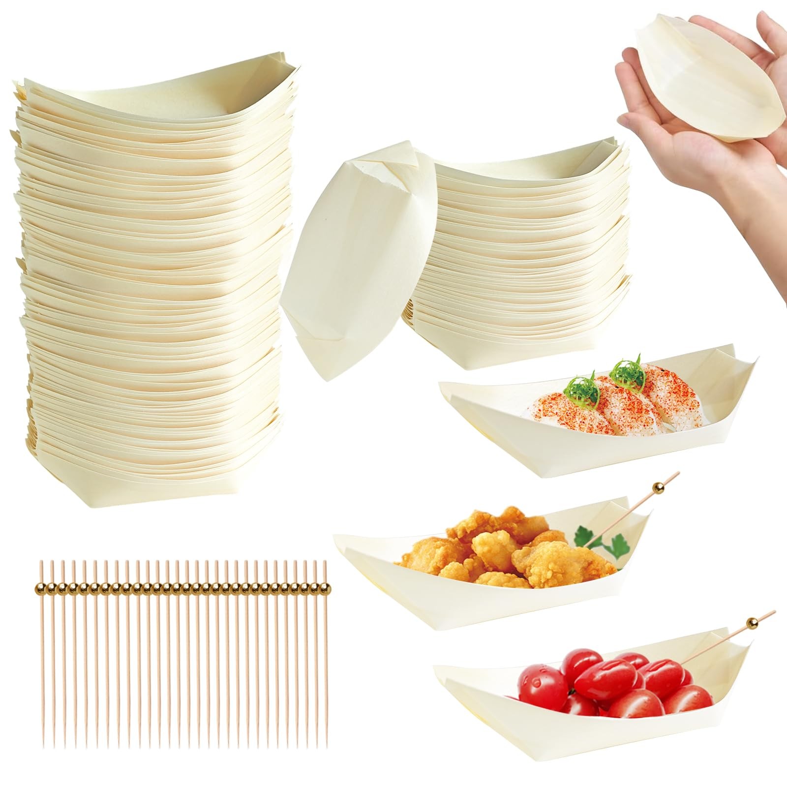 500 PCS Disposable Boat Food Trays with Cocktail Picks, 5 Inch Wooden Disposa…