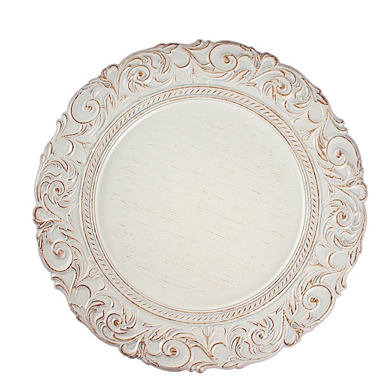 6 Antique White Gold 14″ Round Baroque Metallic Charger Plates Wedding Light