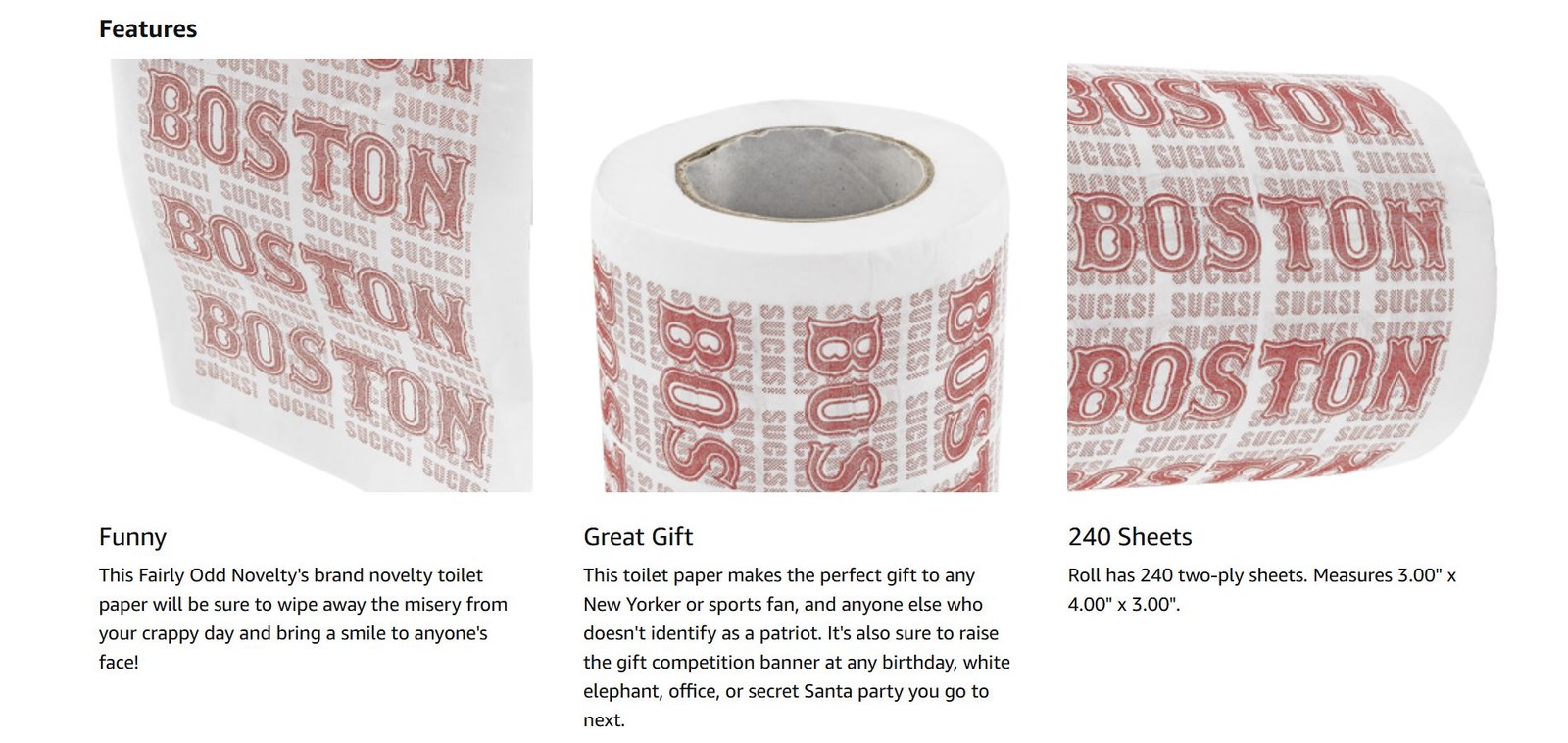 Boston Sucks Toilet Paper Roll – Yankees Red Sox Fans – party gag gift joke