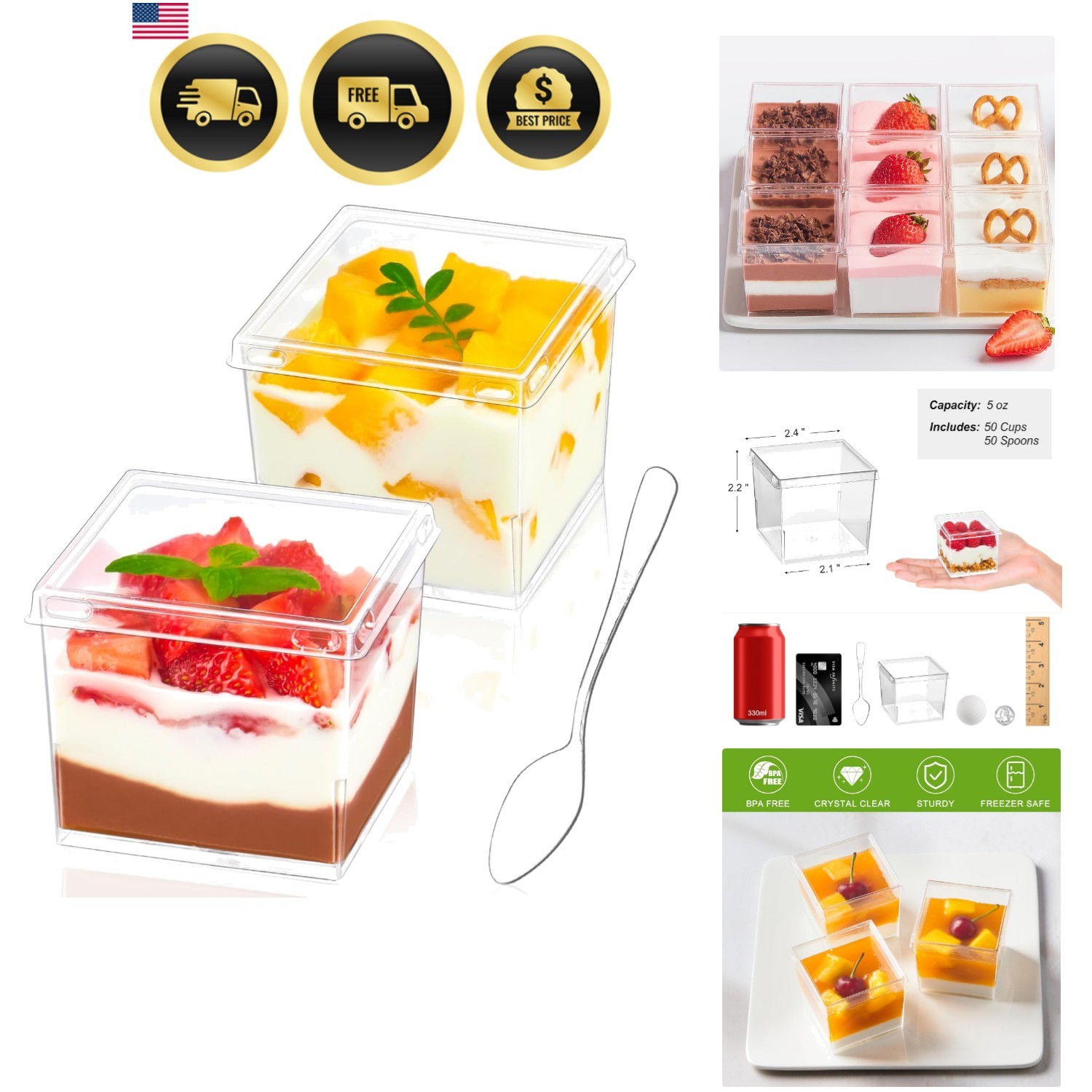 Mini Dessert Cups with Lids and Spoons 50 Pack Small Square 5 Oz Clear