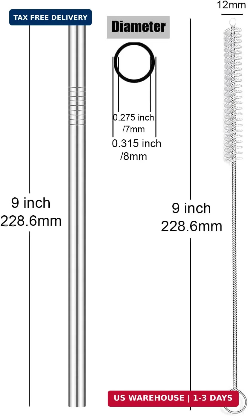 ALINK Stainless Steel Smoothie Straws, 9 inch X 0.315 in Reusable Metal Straws f
