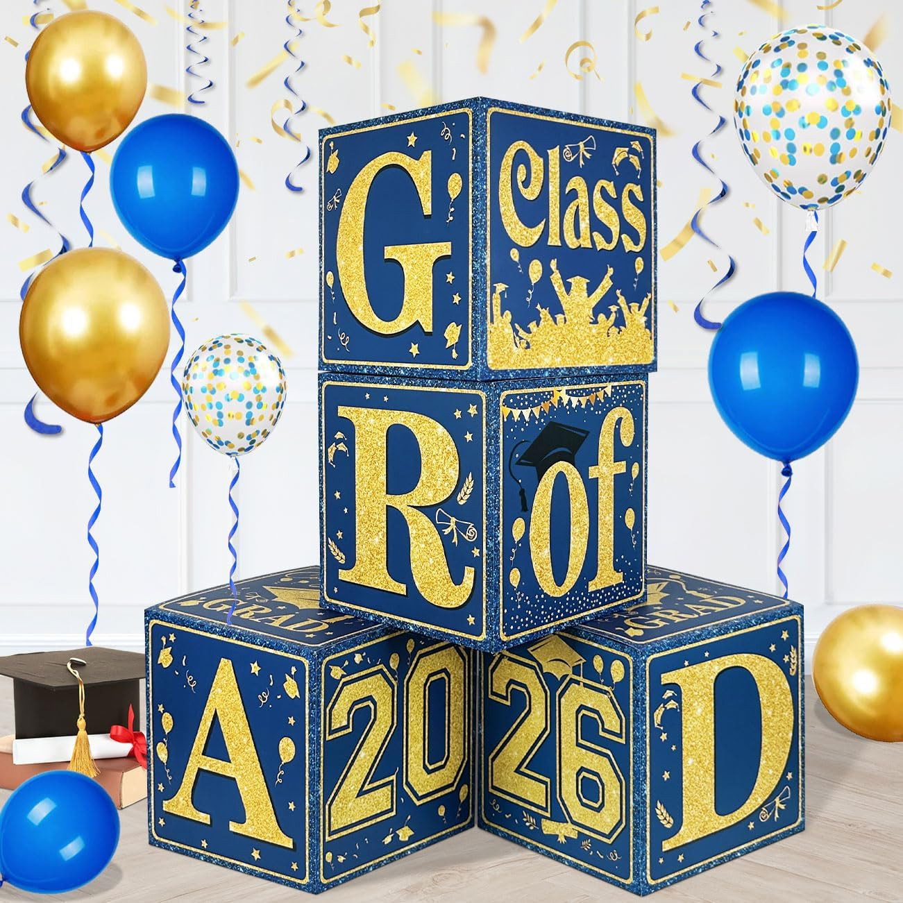 Blue and Gold Graduation Decorations Class of 2026 Graduation Boxes Royal Blue C