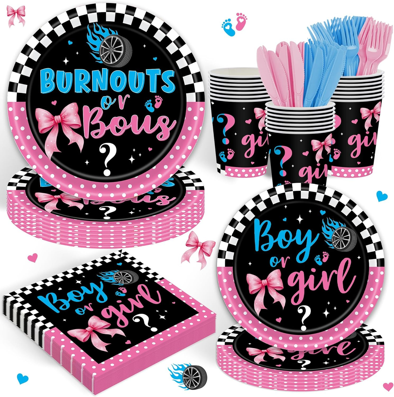 120PCS Burnouts or Bows Themed Party Supplies Pink or Blue Gender Reveal Baby Sh