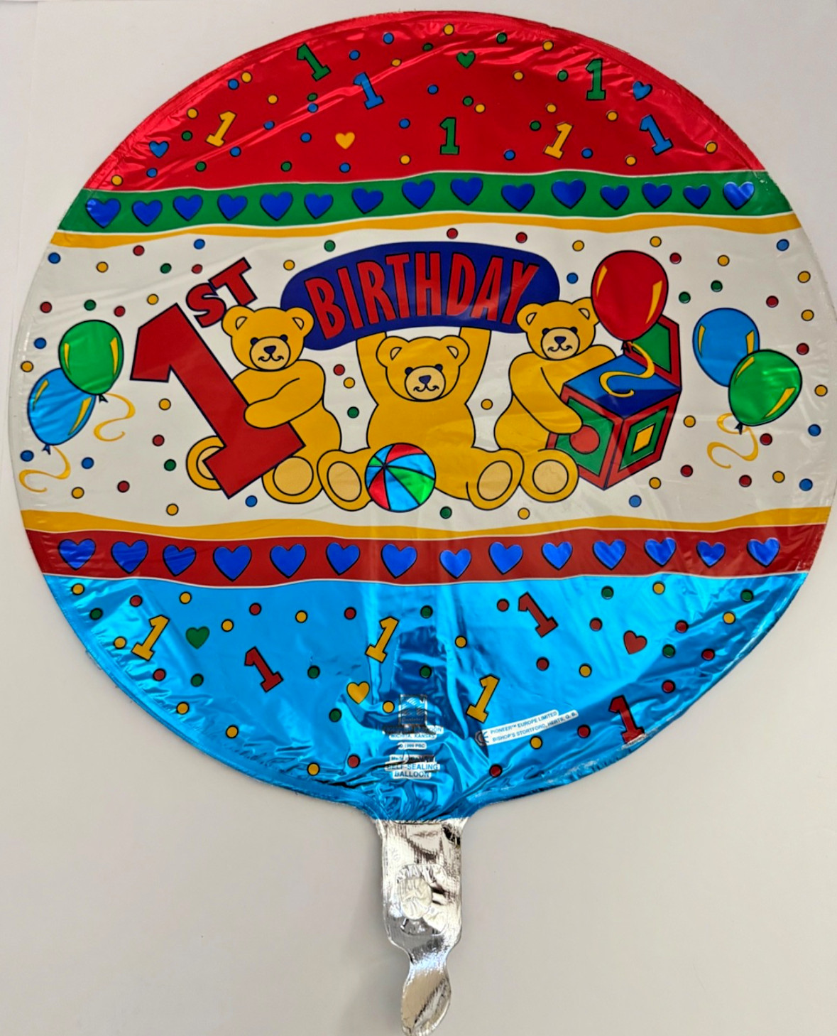 Happy 1st Birthday Foil Balloon- Bright colors – Bears- Number 1 – Party – 18″