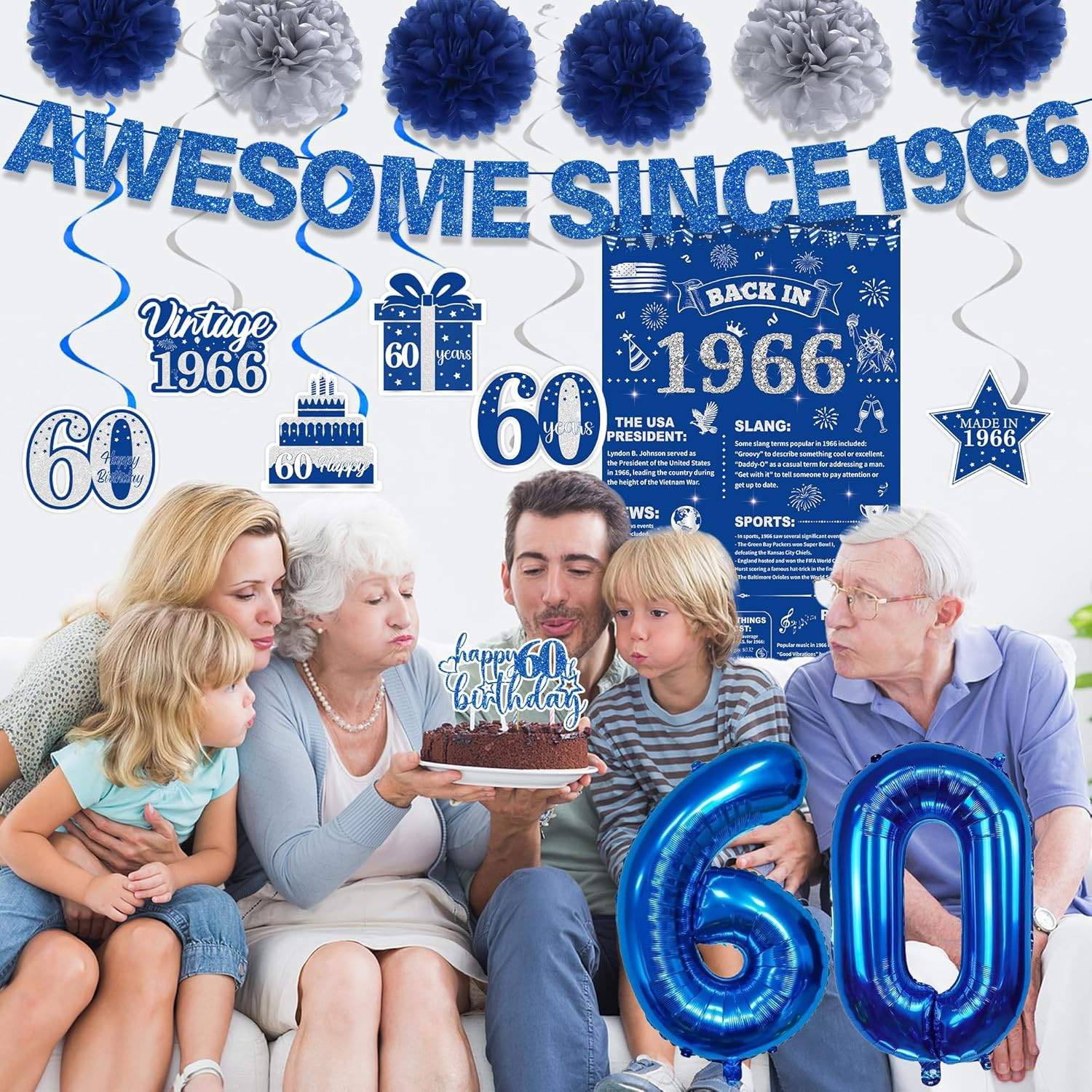 60Th Birthday Decorations Men Banner – 17 Pcs Blue Glitter Back in 1966 Birthday