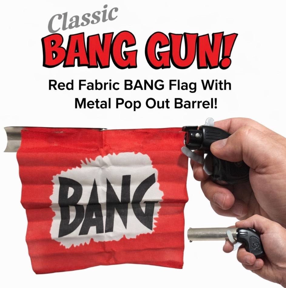 1 BANG GUN RED FLAG Clown Comedy Gag Toy Joke Stage Prop Joker Fake Metal Pistol