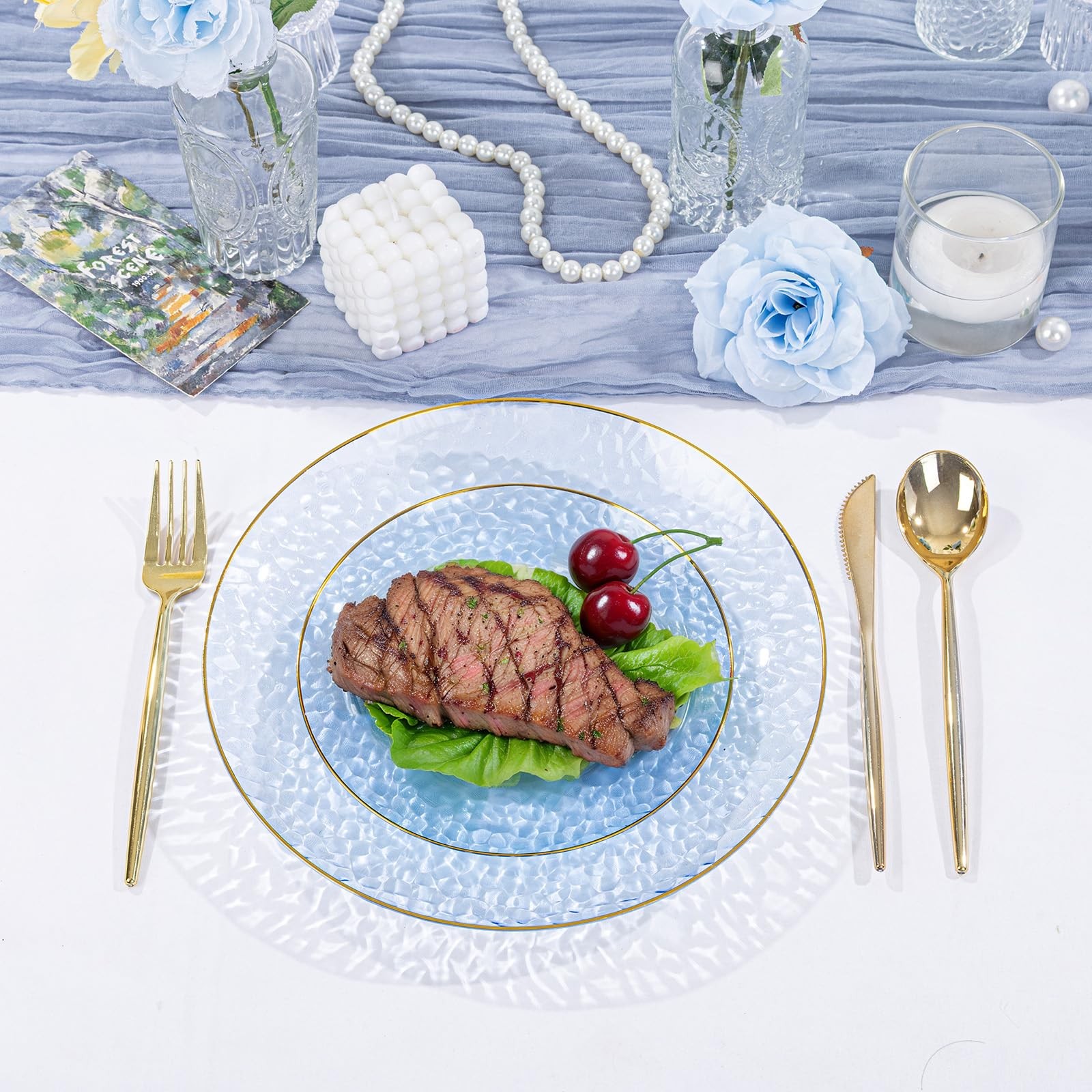 SUT 36Pcs Blue Plastic Plates Hammered Heavy Duty Disposable Plates Blue Gold Ri