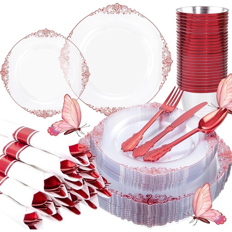 Disposable Plastic Plates Sturdy Red Dinnerware Set Parties Events Gatherings US