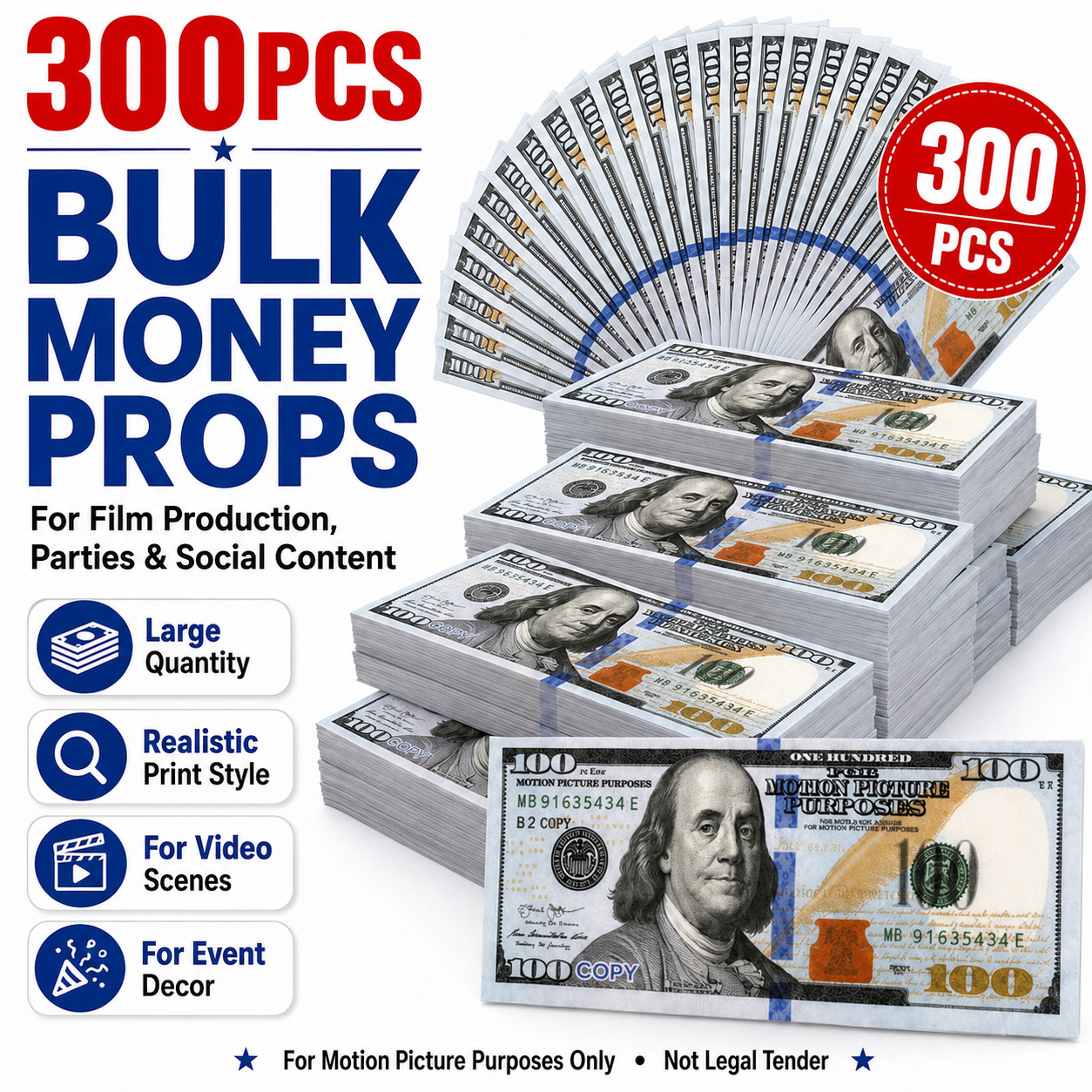 $100 Bills (300pack) Prop Replica Money for Movies, Parties, TikTok & Instagram!