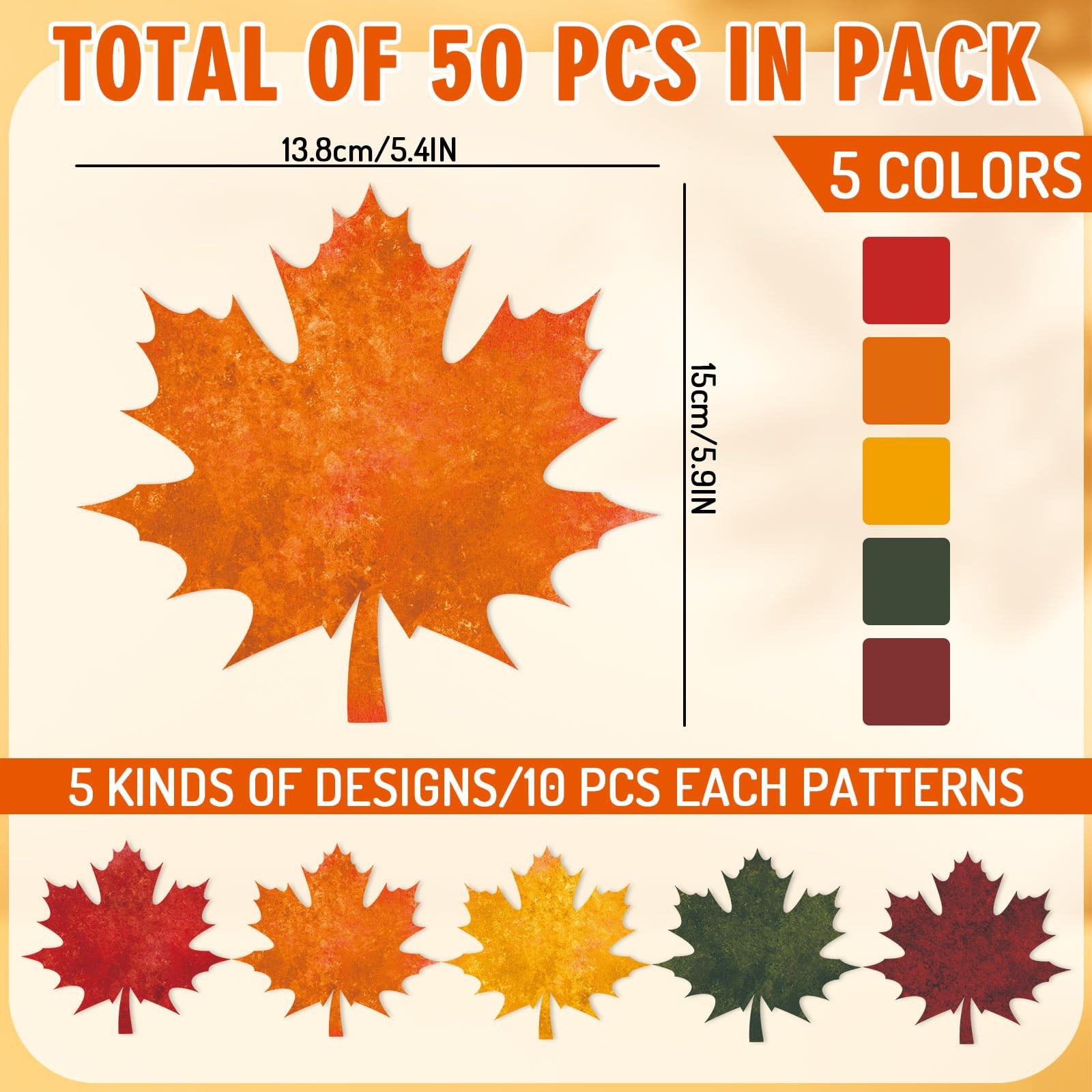 50 PCS Fall Autumn Maple Leaves Solid Cardboard Cutouts 100 Glue Points Decor