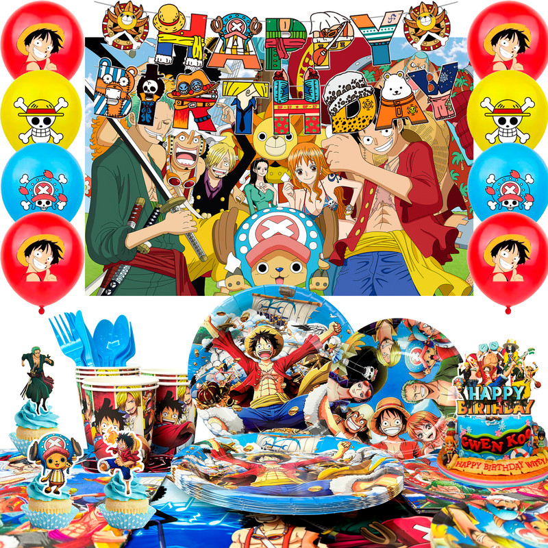 112 Pcs One Piece Party Decorations and Tableware Set Backdrop Plates Banner
