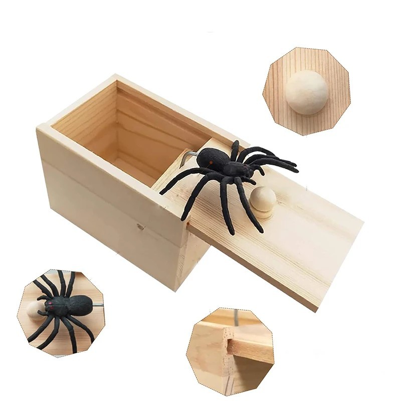 Wooden Spider Prank Box Jump Scare Surprise Gag Toy Funny Halloween Gift