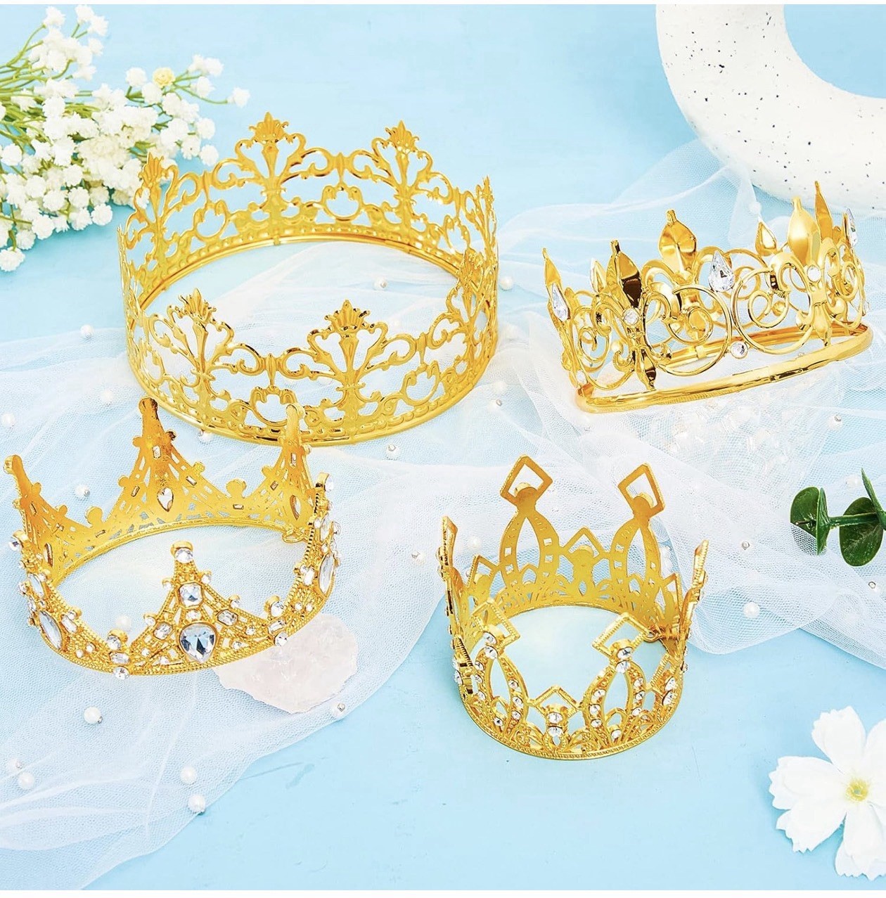 4 Pcs Mini Crown Cake Topper Flower Bouquets Accessories, Metal Rhinestone Princ