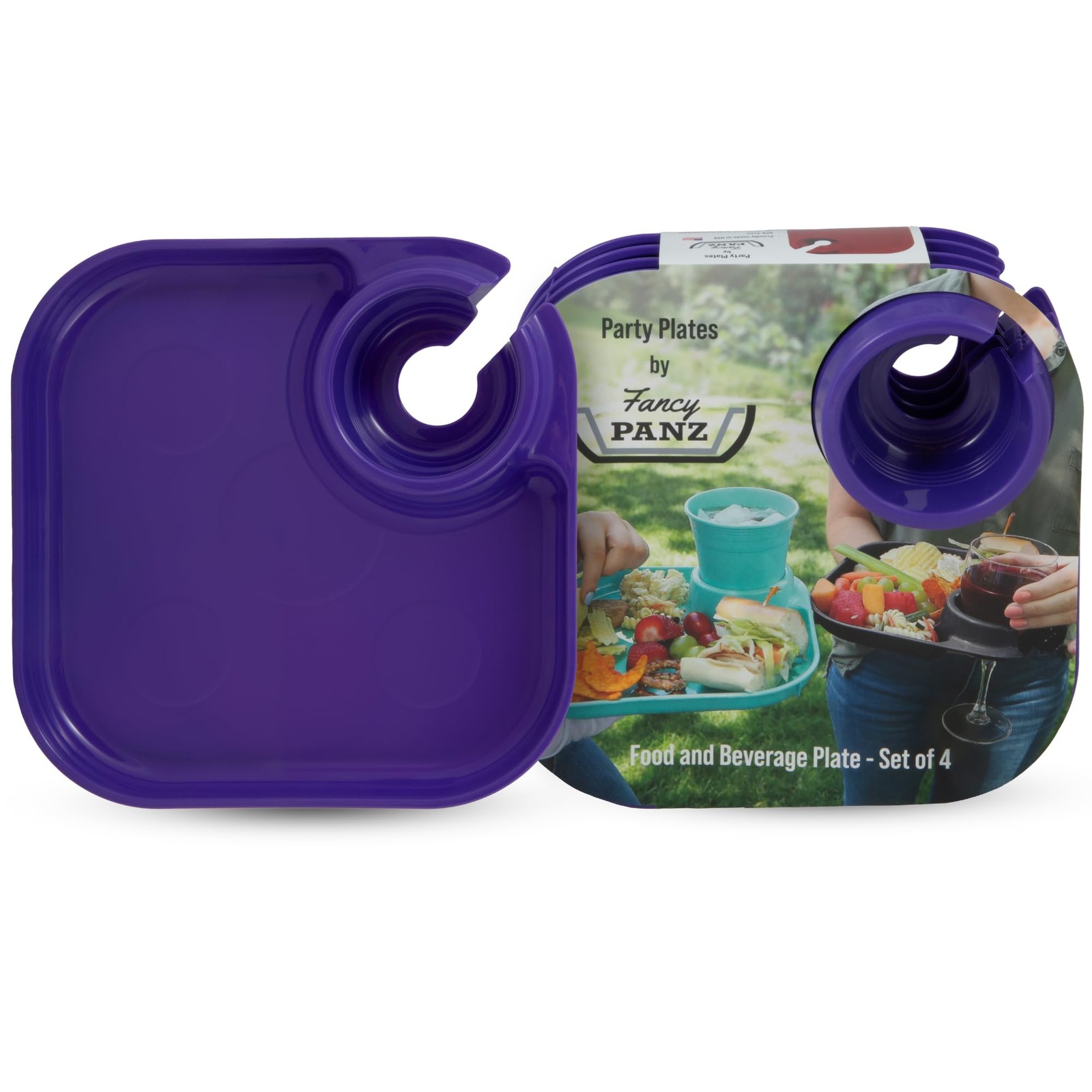 Fancy Panz Party Plates with Cup Holder – Set of 4 Purple Reusable BPA Free Plas