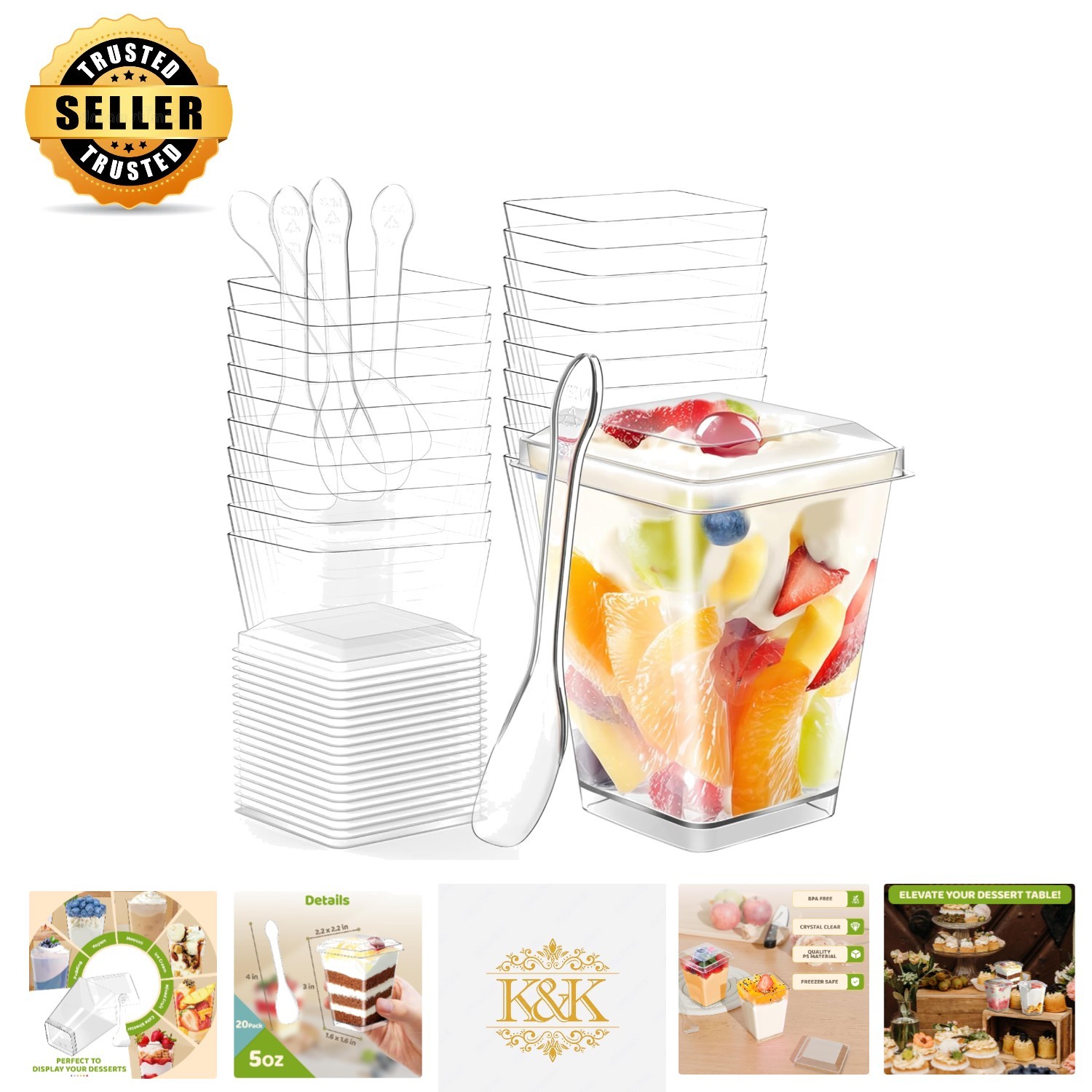 20-Pack 5 Oz Clear Plastic Dessert Cups with Lids & Spoons for Stylish Parties