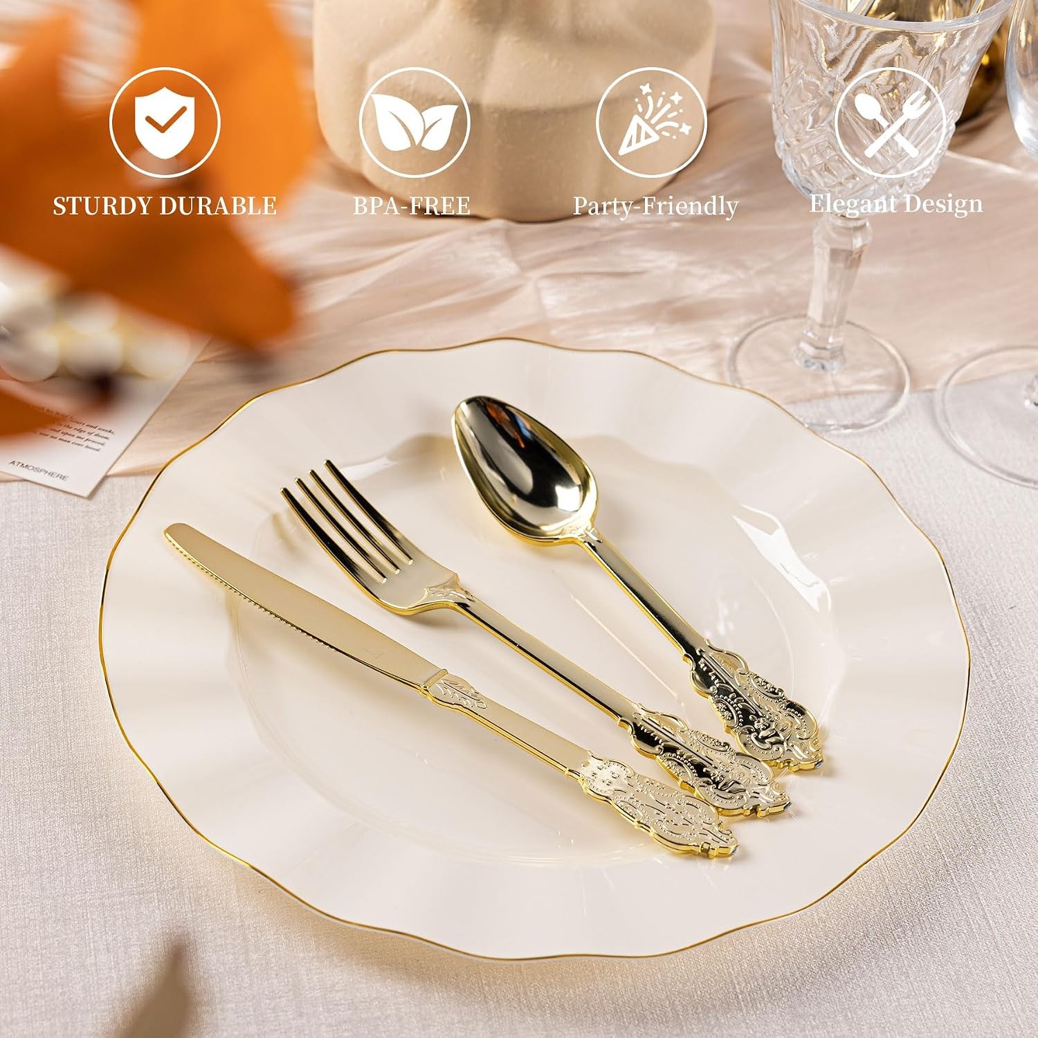 80PCS Gold Plastic Silverware Set Disposable Utensils – Include 30 Forks, 25