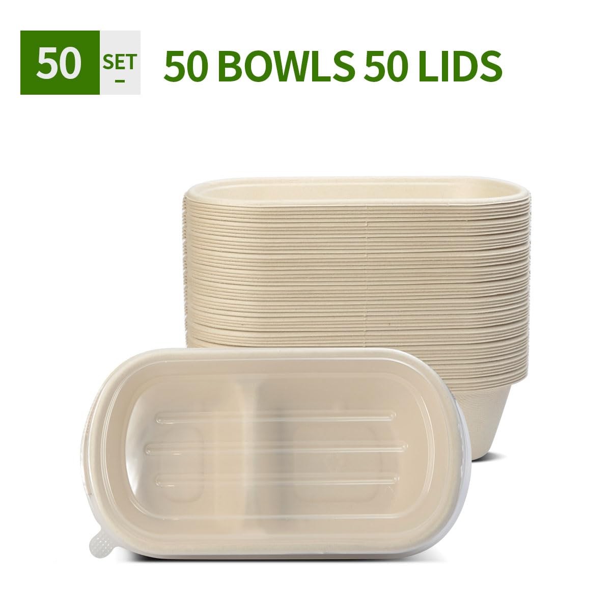 50 Pack Large 2 Compartment Paper Bowls With Lids Divider Food Containers Dispos