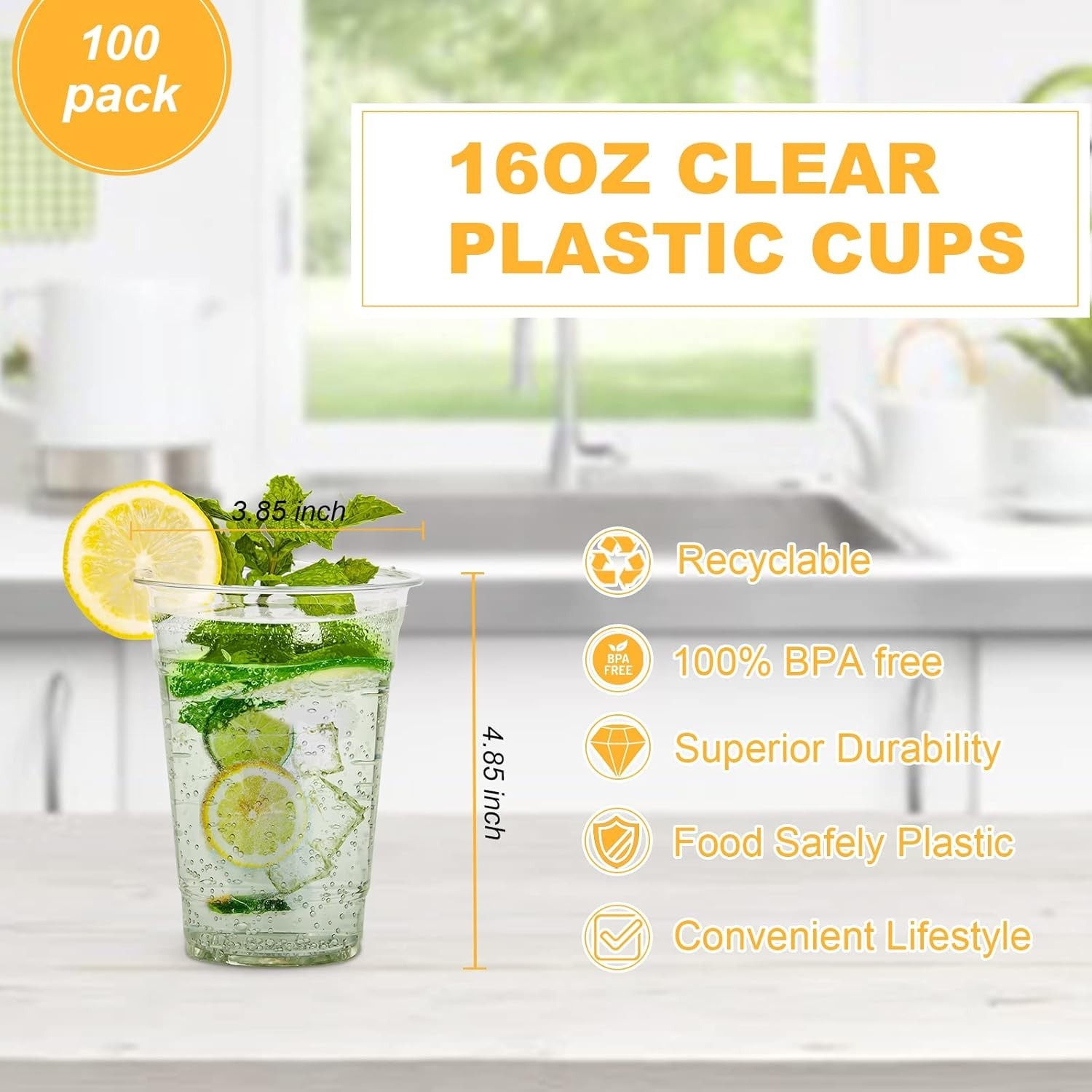 100 Pack 16oz Clear Plastic Coffee Cups – Cold & Hot Drinks, Reusable