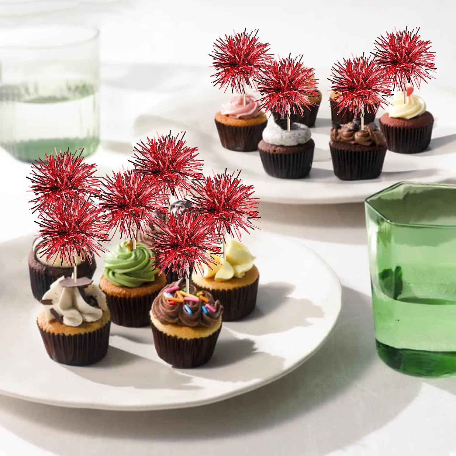 40 PCS Foil Firework Cupcake Toppers Sparkle Tinsel Cupcakae Picks Sparkler Fire