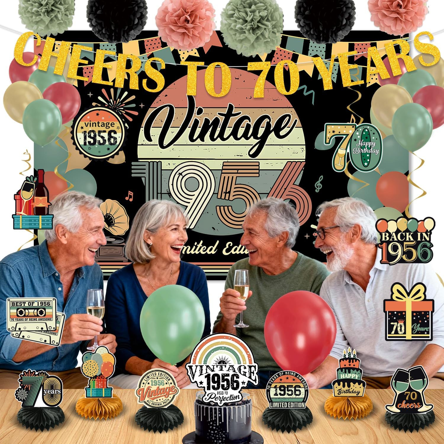 47Pcs 70Th Birthday Decorations for Men Women, PRE-STRUNG Vintage 1956 Banner Pa