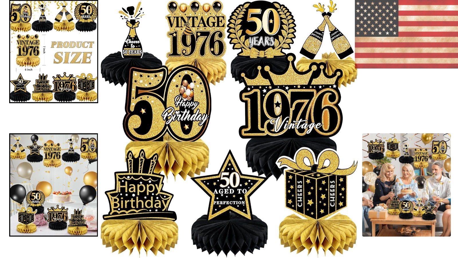 Retro 50th Birthday Decor – 9 Honeycomb & Cardboard Pieces – Easy Assembly