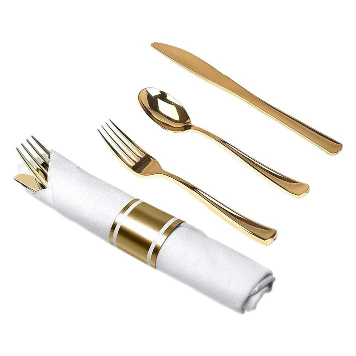 PreRolled Cutlery And Napkin Set Gold 240 PCs For Royal Dinner Parties & Wedding