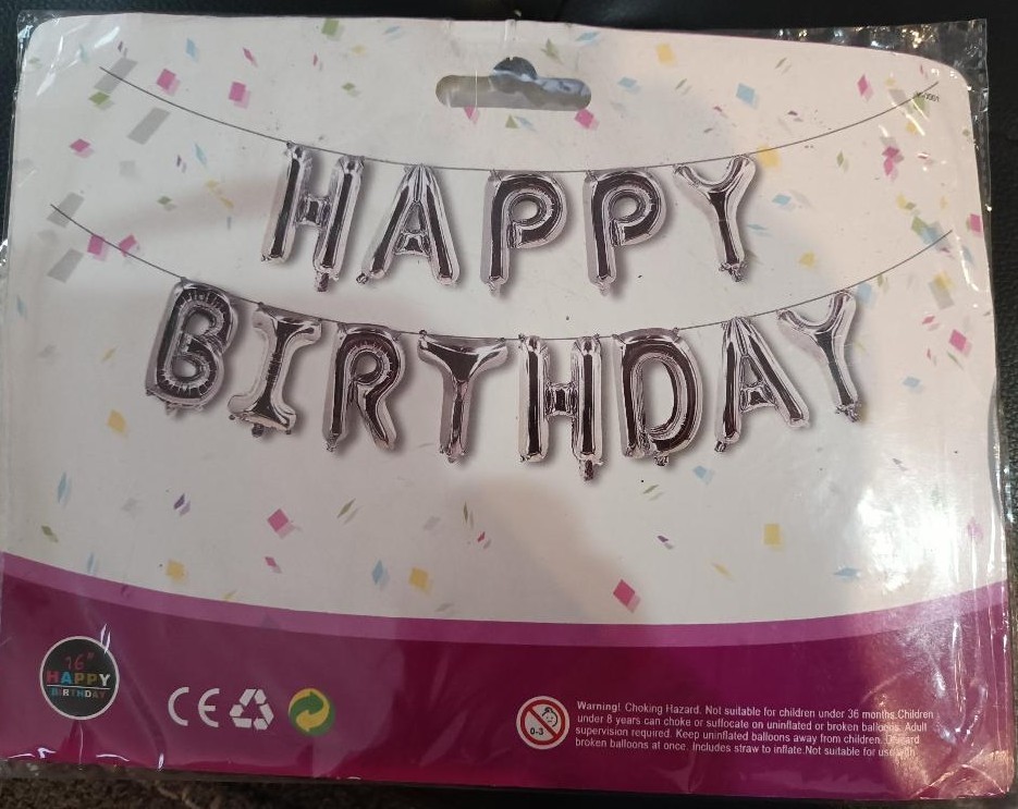 HAPPY BIRTHDAY 16” Balloons Letters Banner Set with Straw & Ribbon – Silver