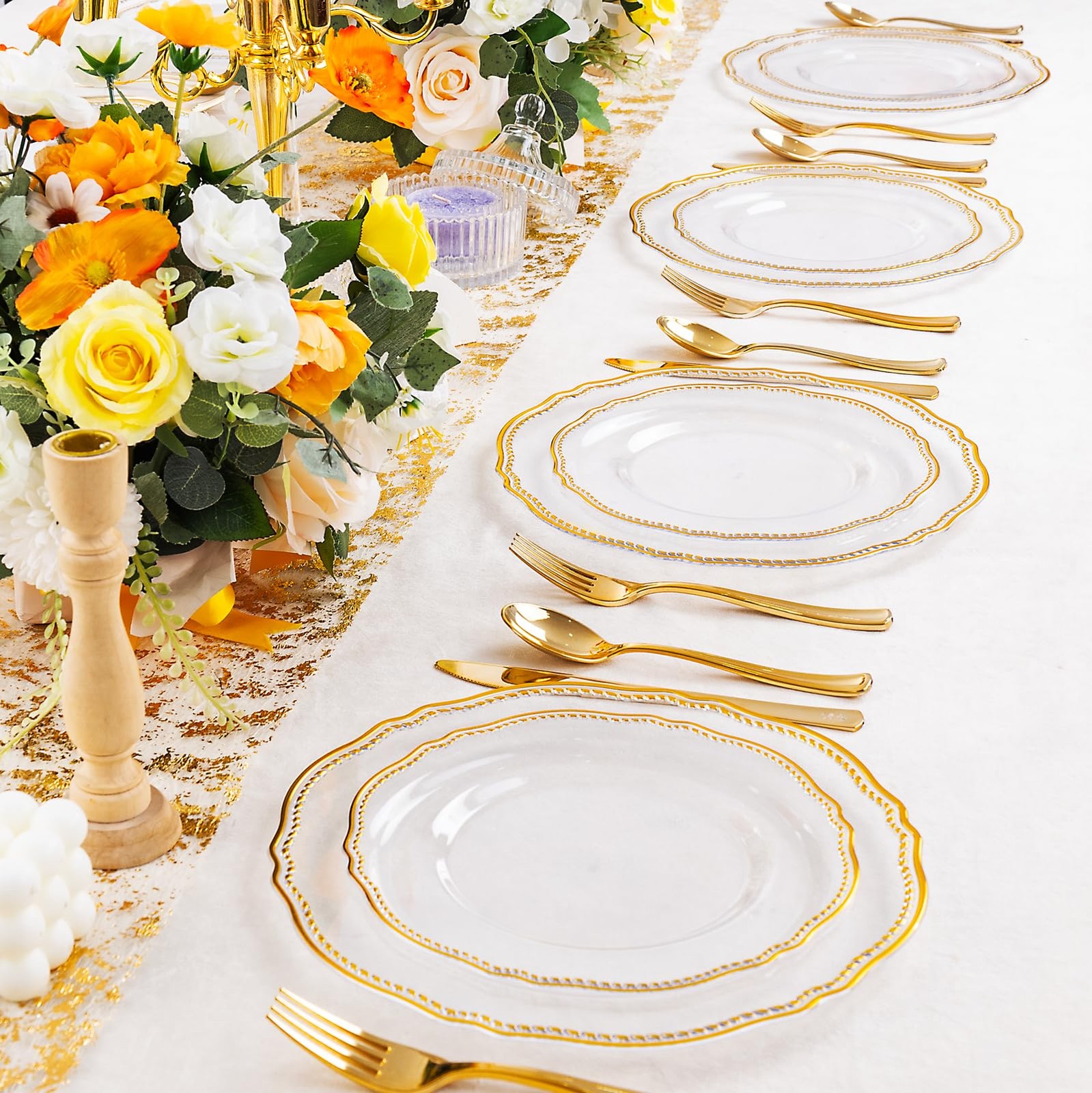 60pcs Clear Plastic Plates Clear and Gold Disposable Dinnerware with Gold Ri…