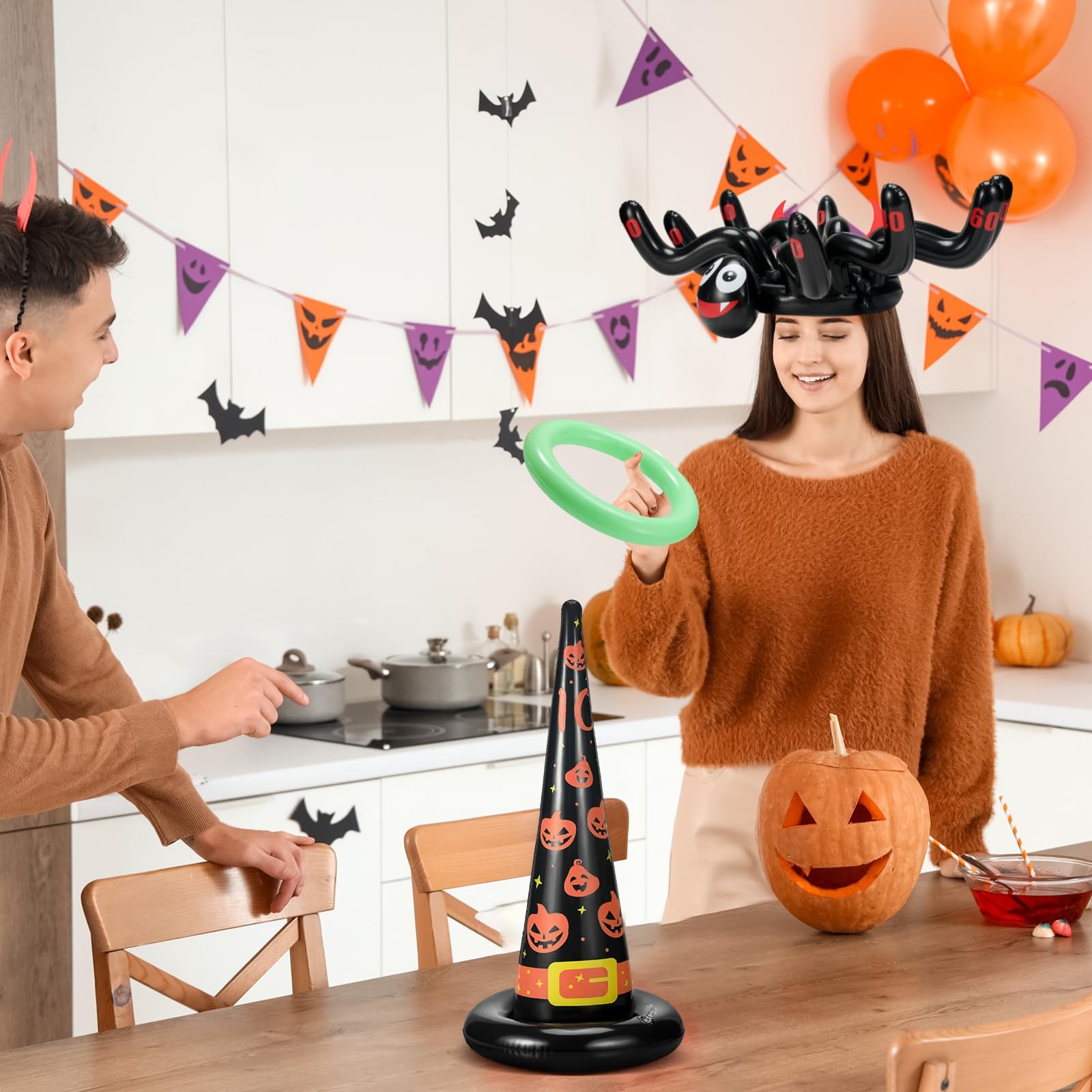 25 Pcs Halloween Ring Toss Game Include 5 Inflatable Witch Hat, 18 Plastic Ri…