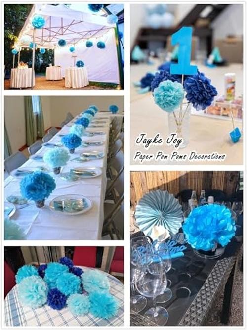 12 Pcs Tissue Pom Poms Kit, Tissue Paper Flowers for Birthday, Boy Blue Mix
