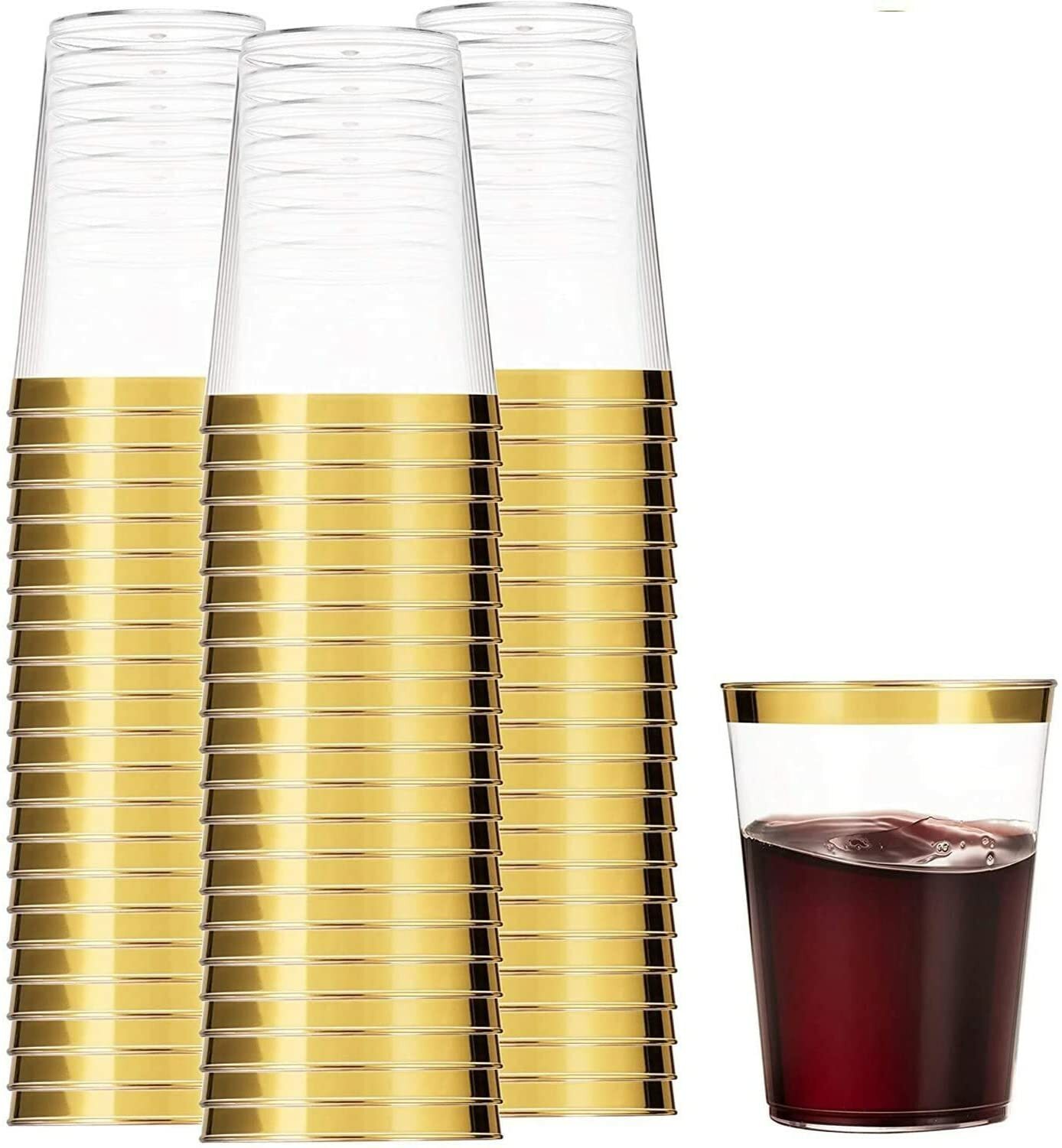Simcha Collection 10 Oz disposable Fancy Gold Rim Clear hard Plastic Cup BULK