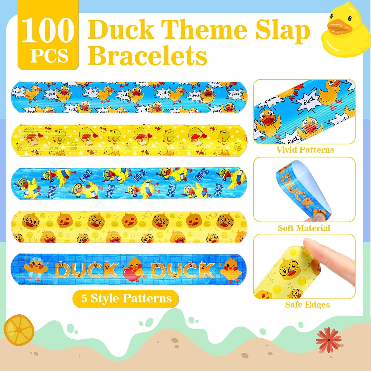 100 Pcs Duck Party Favors Duck Slap Bracelets for Kids Slap Wristbands Bulk for