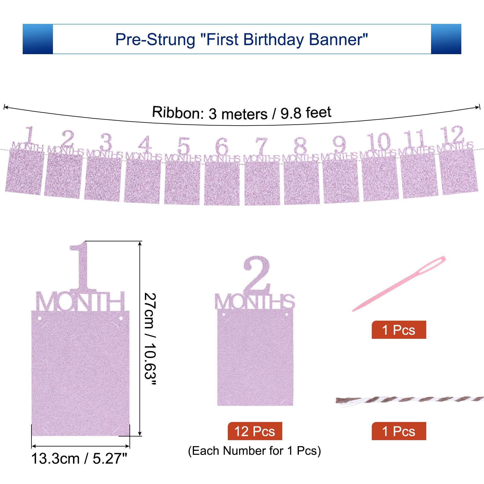 1st Birthday Photo Banner Decorations from 1 to 12 Months Pink 12PCS