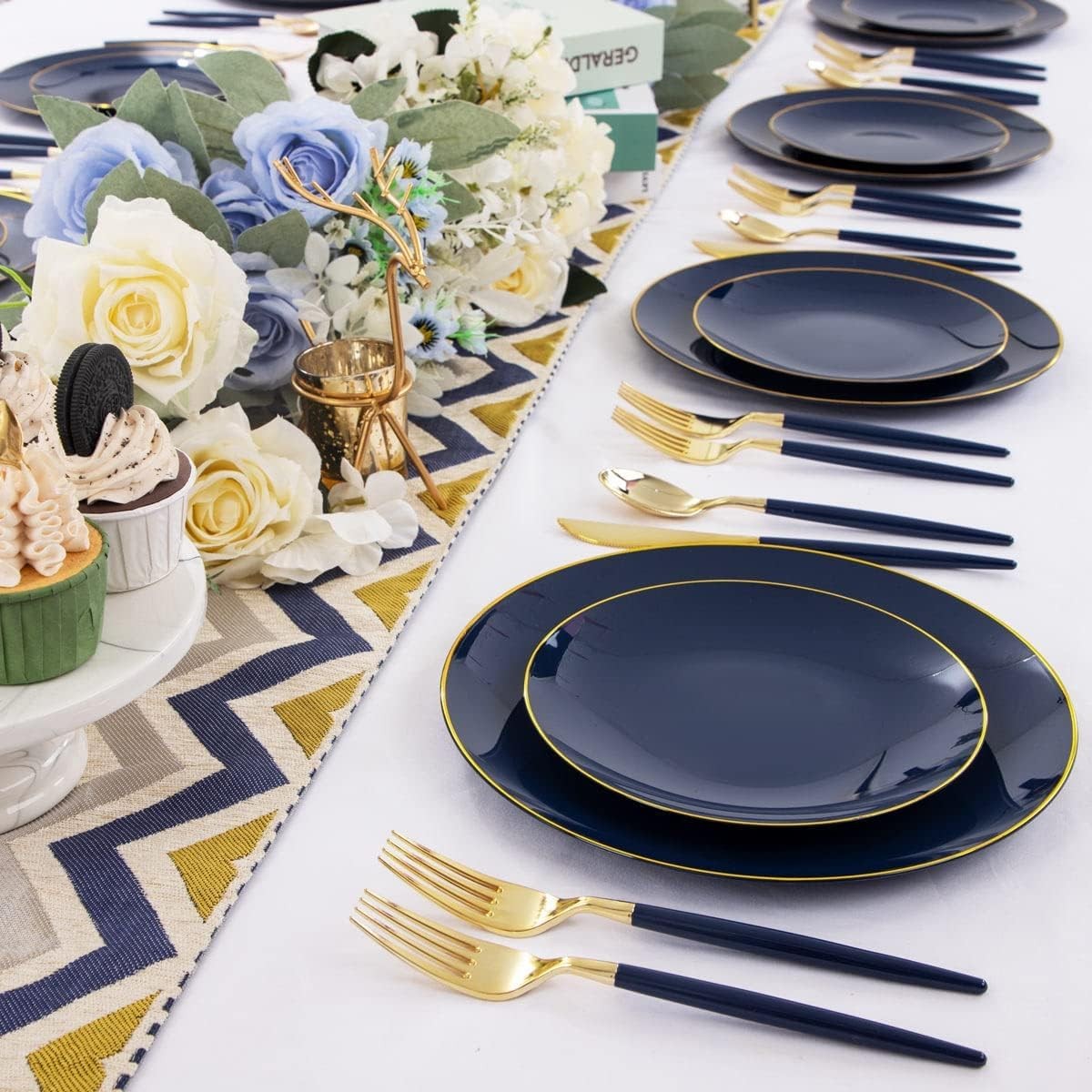 150PCS Blue Plastic Plates – Gold Plastic Silverware with Blue Handle – Navy …