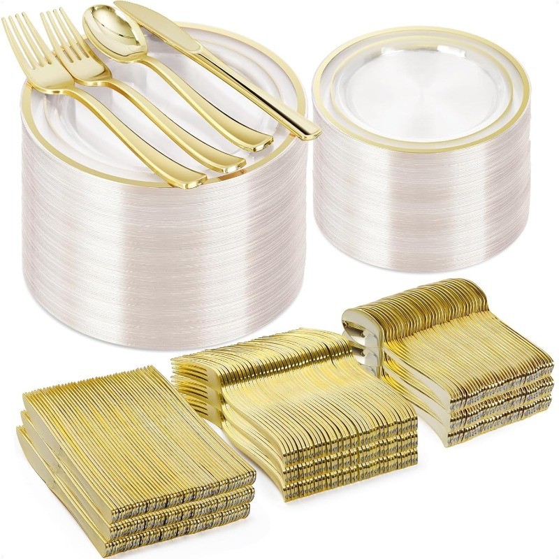 Clear Gold Plastic Plate Set (100 Guests), Plastic Plate