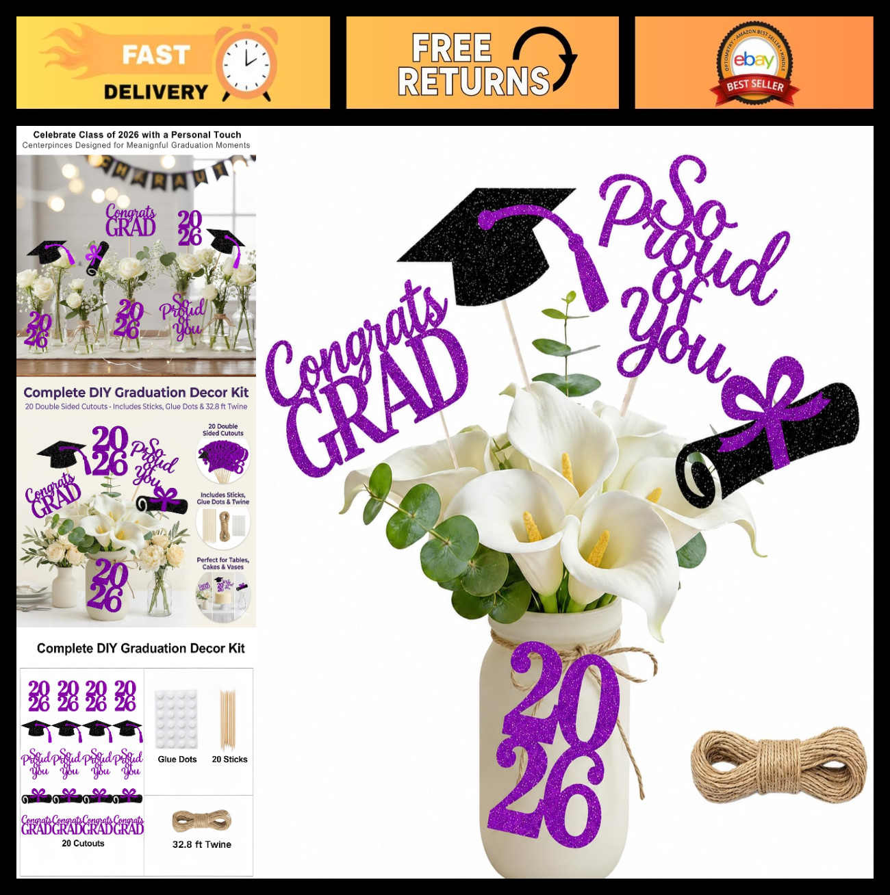20-Pack Double Sided Graduation Centerpiece Sticks & Twine – Class of 2026 Decor