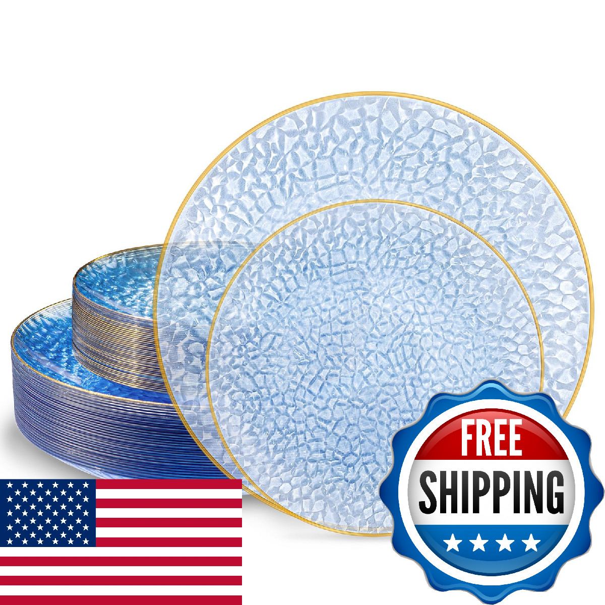 SUT 36Pcs Blue Plastic Plates Hammered Heavy Duty Disposable Plates Blue Gold Ri