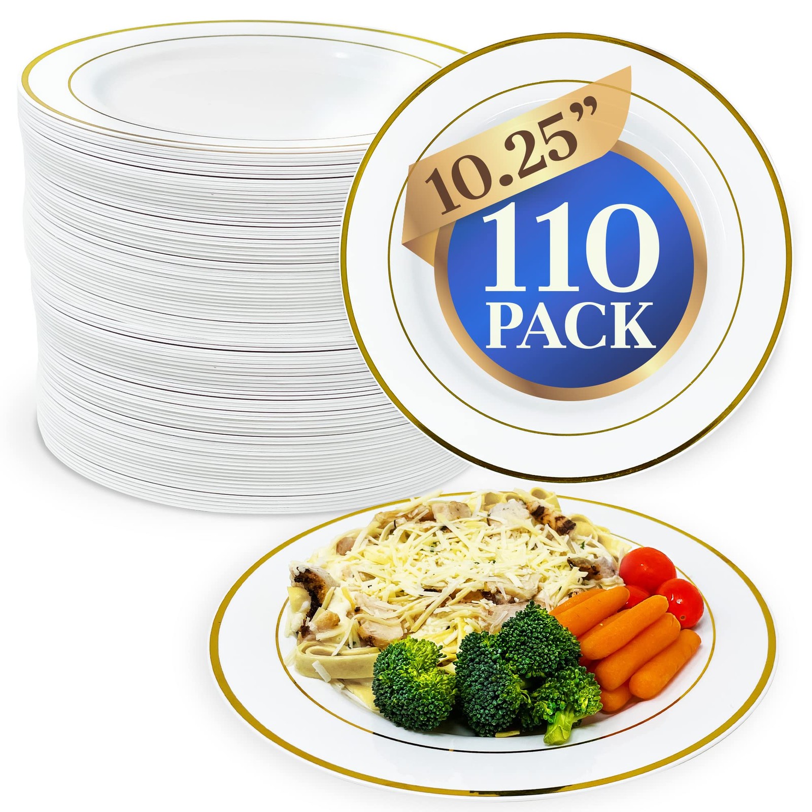Reli. 110 Pcs Plastic Dinner Plates Disposable 10.25 Inch W/Gold Rim Heavy Duty
