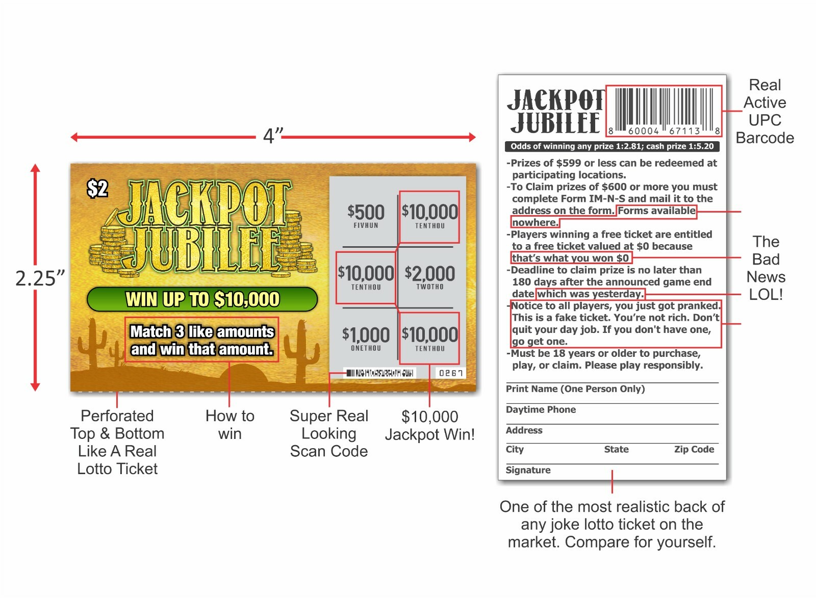 Funny Prank Gag Fake Lottery Tickets, 10,000 & 25,000 Winners, 20 Tickets total
