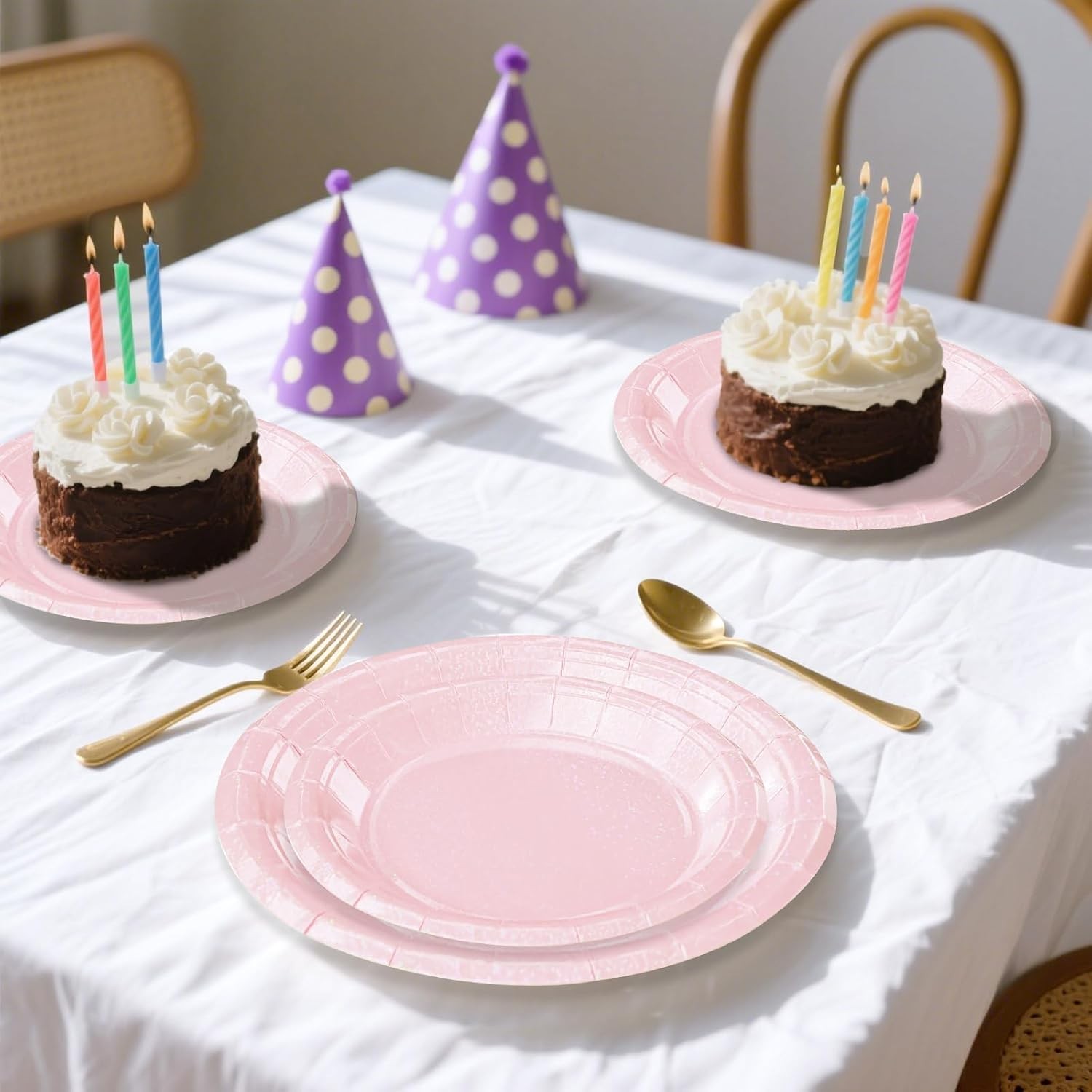 50 Pcs Iridescent Light Pink Paper Plates 25 × 7” and 25 × 9” Disposable Pink