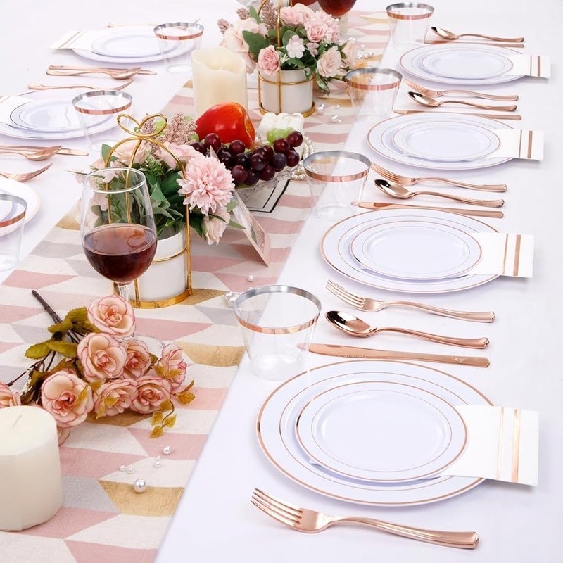 Rose Gold Disposable Plates Cups Cutlery Napkins Party Supplies Set 150pcs New