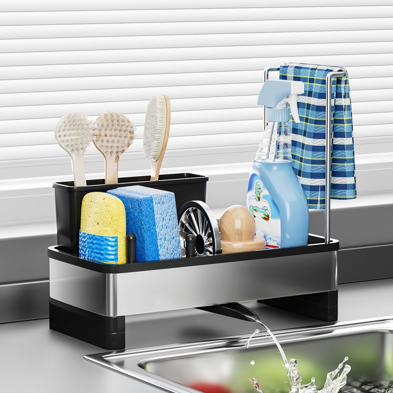 Ewaiira Stainless Steel Sink Caddy, Sponge Holder for Kitchen Sink with Brush Ho