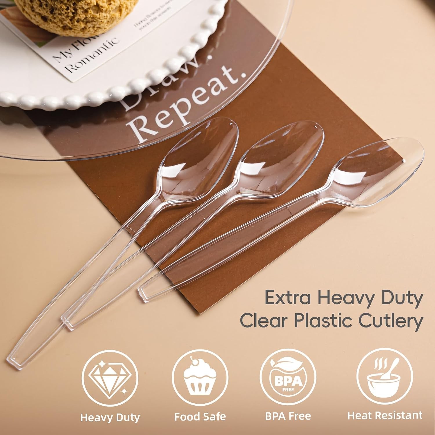 400 Count Heavy Duty Clear Plastic Spoons, Solid and Durable Disposable Spoons,