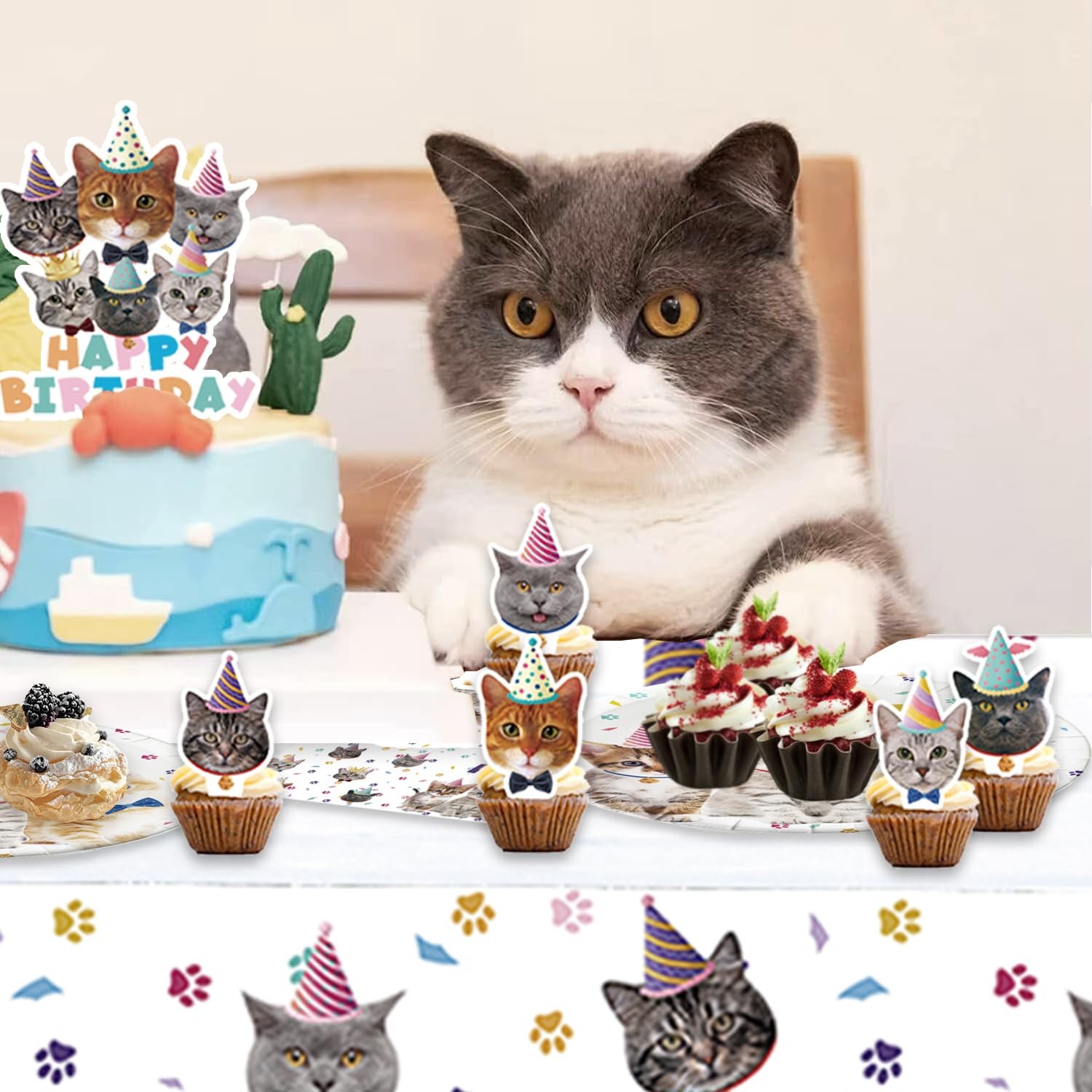 66 PCS Cat Birthday Party Decoration Plates Napkins Tablecloth Set 20 White