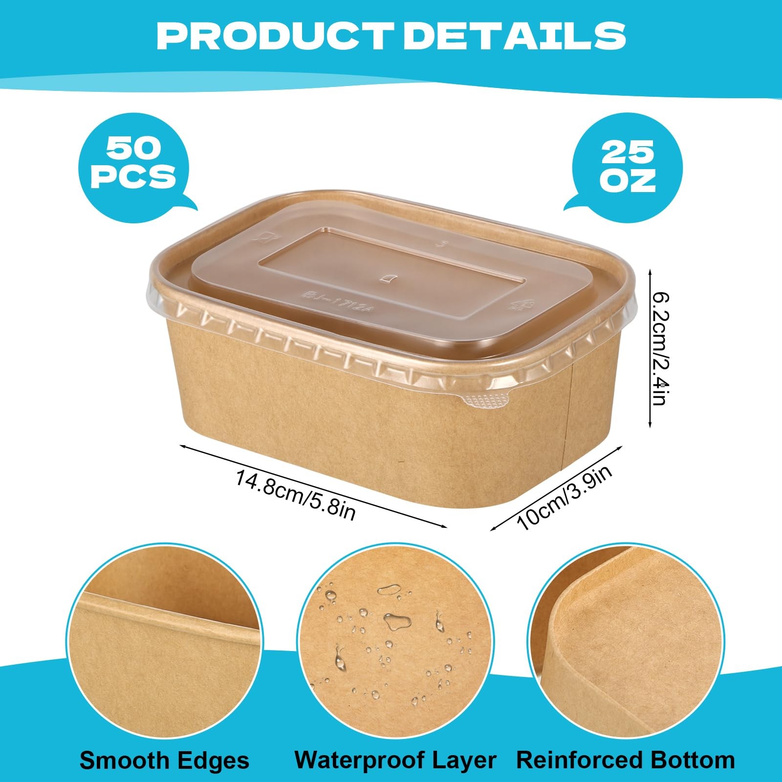 50 Pack 25oz Disposable Kraft Paper Bowls with Lids, Rectangle Meal Prep Cont…