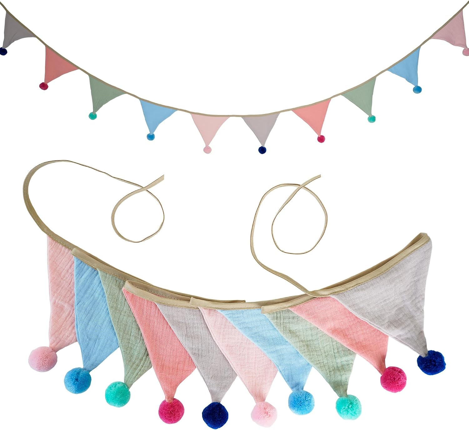 Fabric Bunting Banner, 2 Pack Handmade Neutral String Banner with Felt Ball Each