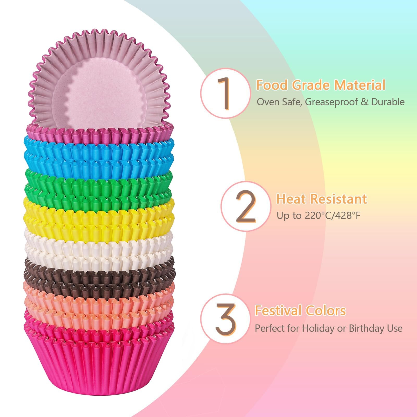 SKIDEC Rainbow Standard Cupcake Liners 400 Count standard, rainbow color